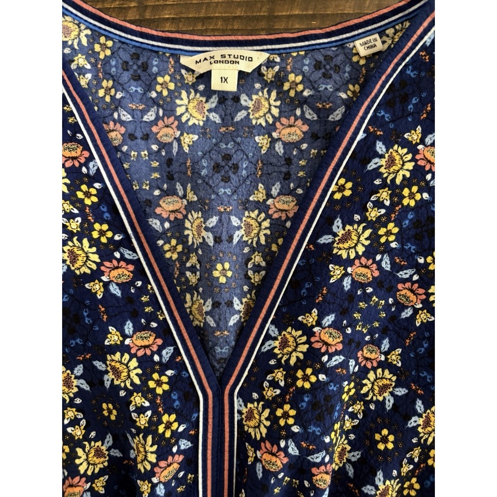 Max Studio London 1X Blue Floral Smocked Maxi Flutter Sleeve Cottagecore Boho - Picture 3 of 9